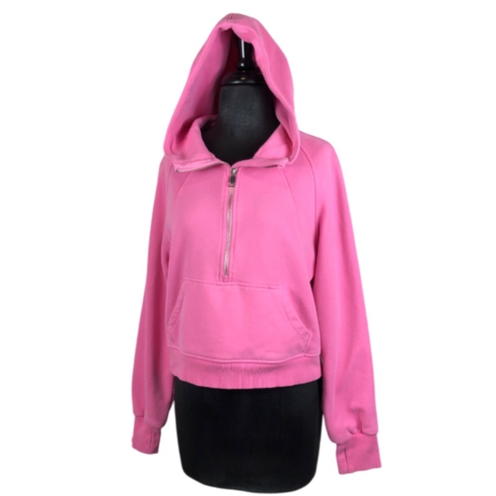 Cropped Hoodie Bubblegum Pink Pullover 1/2 Zip With Thumbholes Size Small